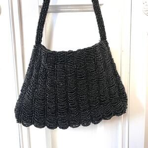 Black Beaded Evening Handbag Handled Purse Snap Closure India K.C. Malhan Glam